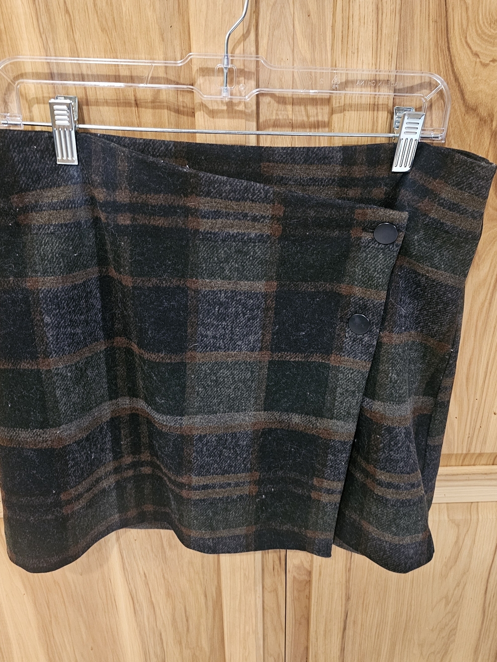 Plaid Wrap Mini Skirt with Side Buttons in Black and Brown